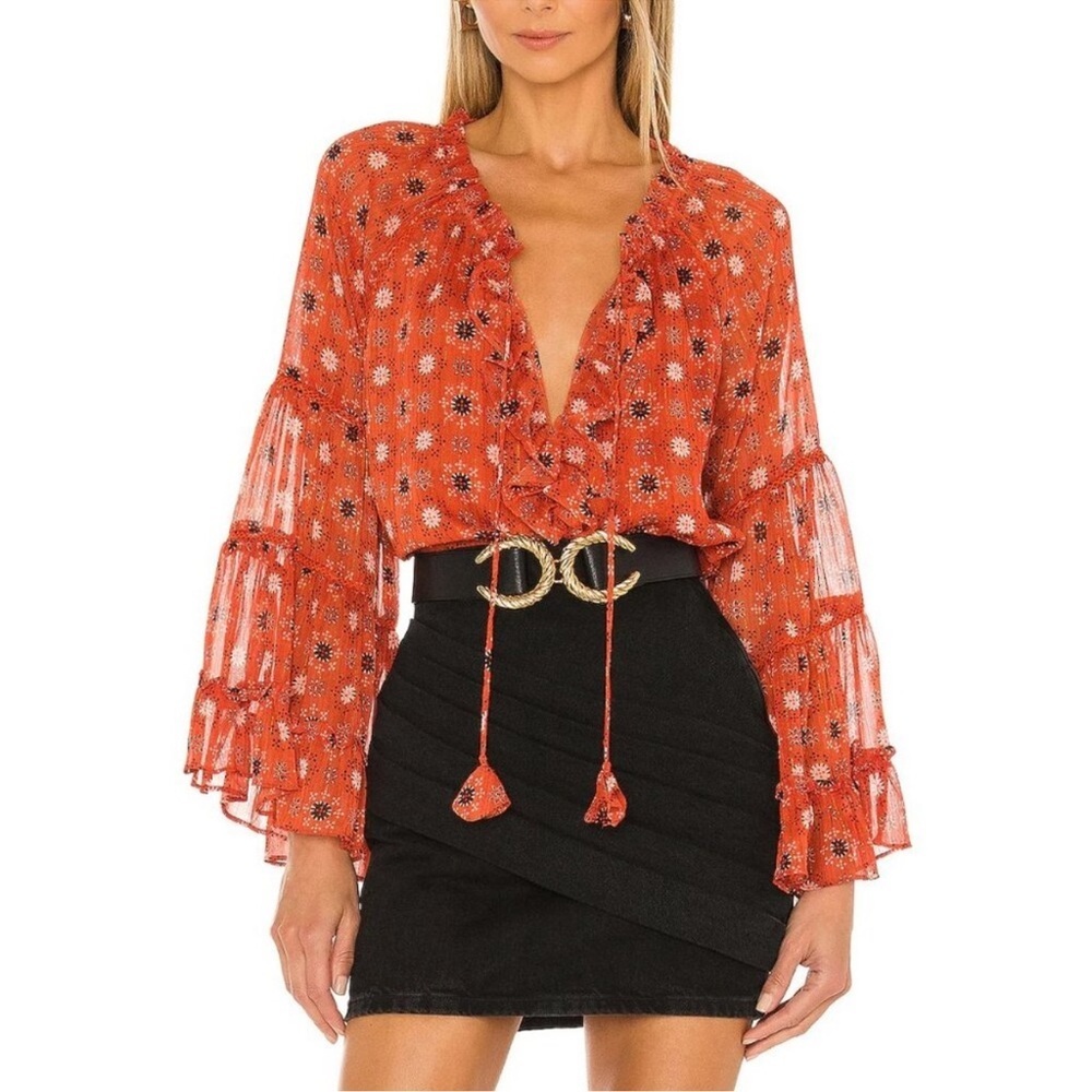 MISA Los Angeles Alberta Women's Top Flare Sleeve Ruffle Tie Tassel Orange Small